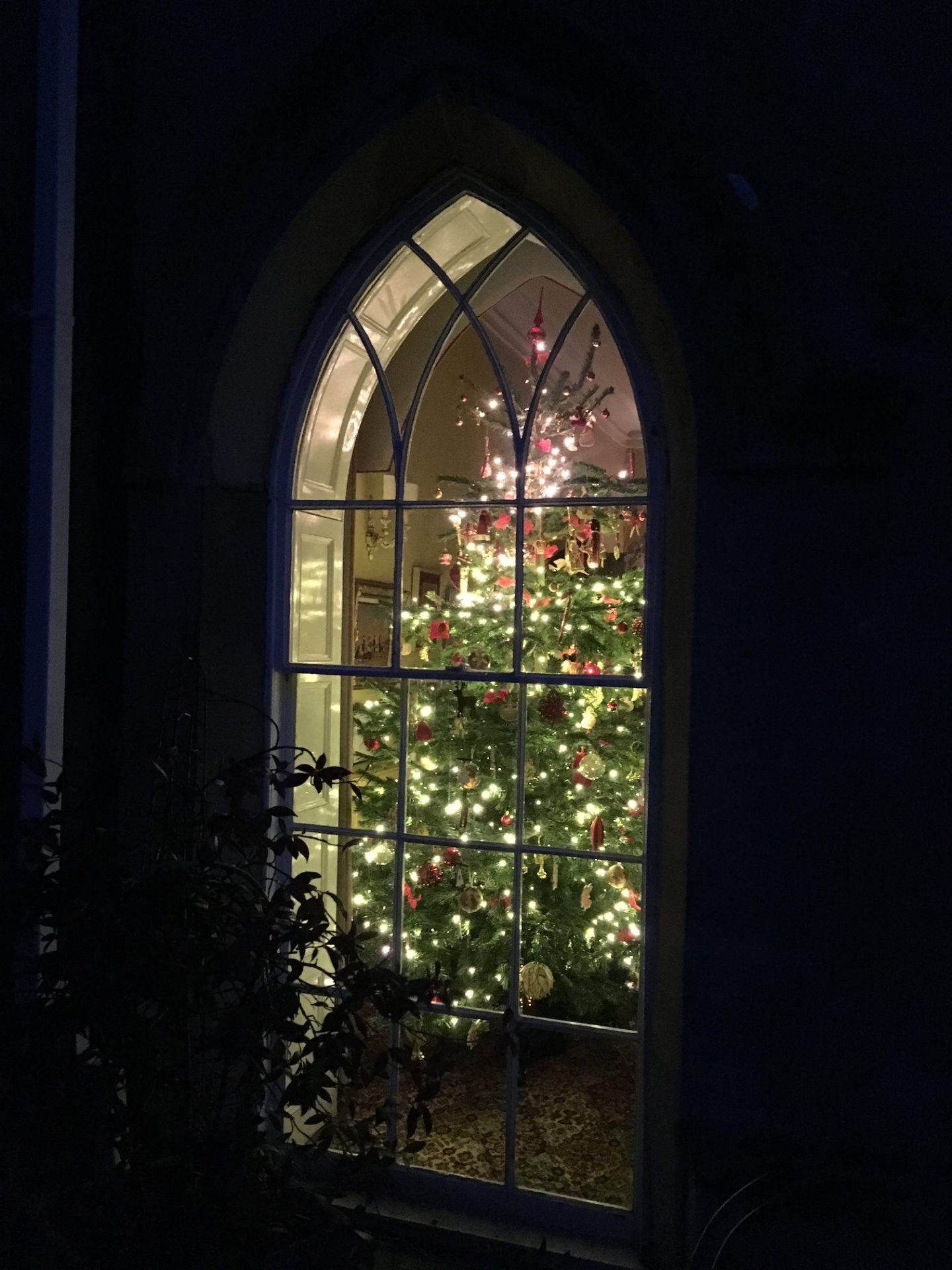 A tall Gothic arched window at Ty Mawr glowing at night with a fairy-lit Christmas tree inside