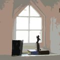 Detail of the arched window in The Laundry bedroom with candlestick and books on the stone sill