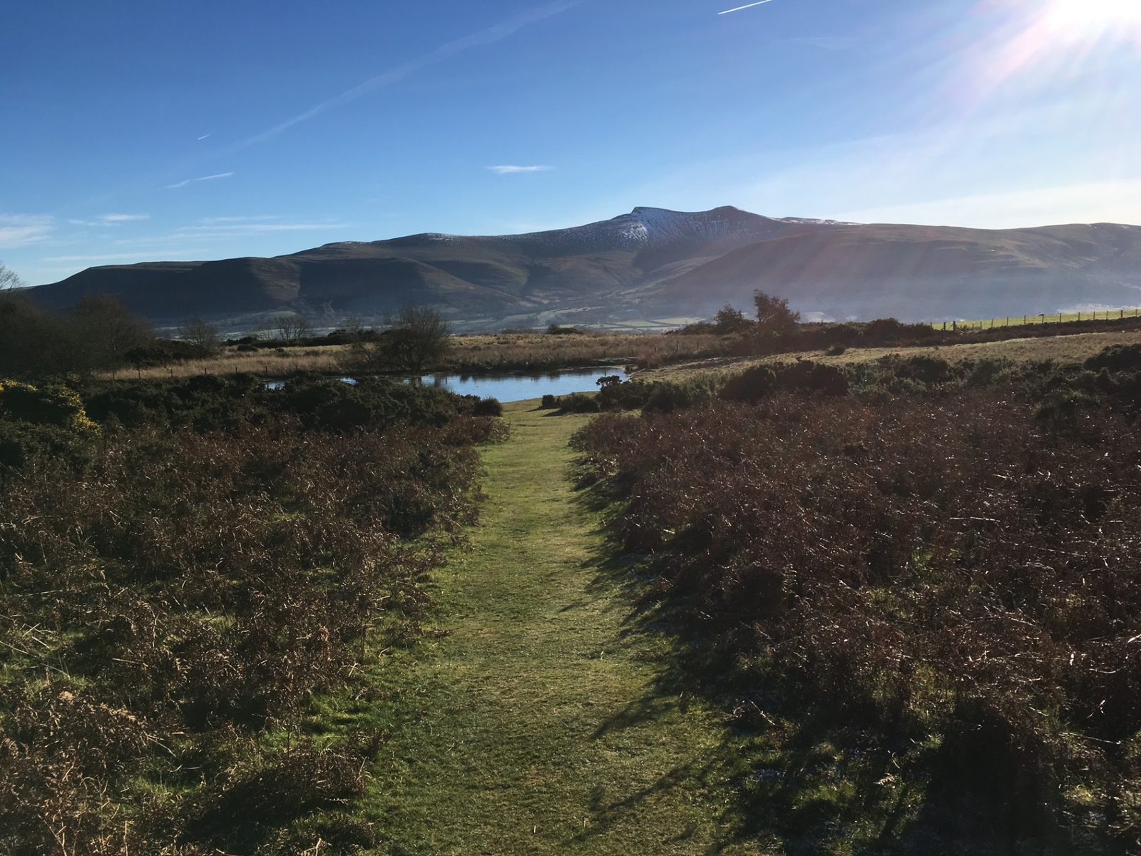 A grass path leading through moorland towards the peaks of the Brecon Beacons