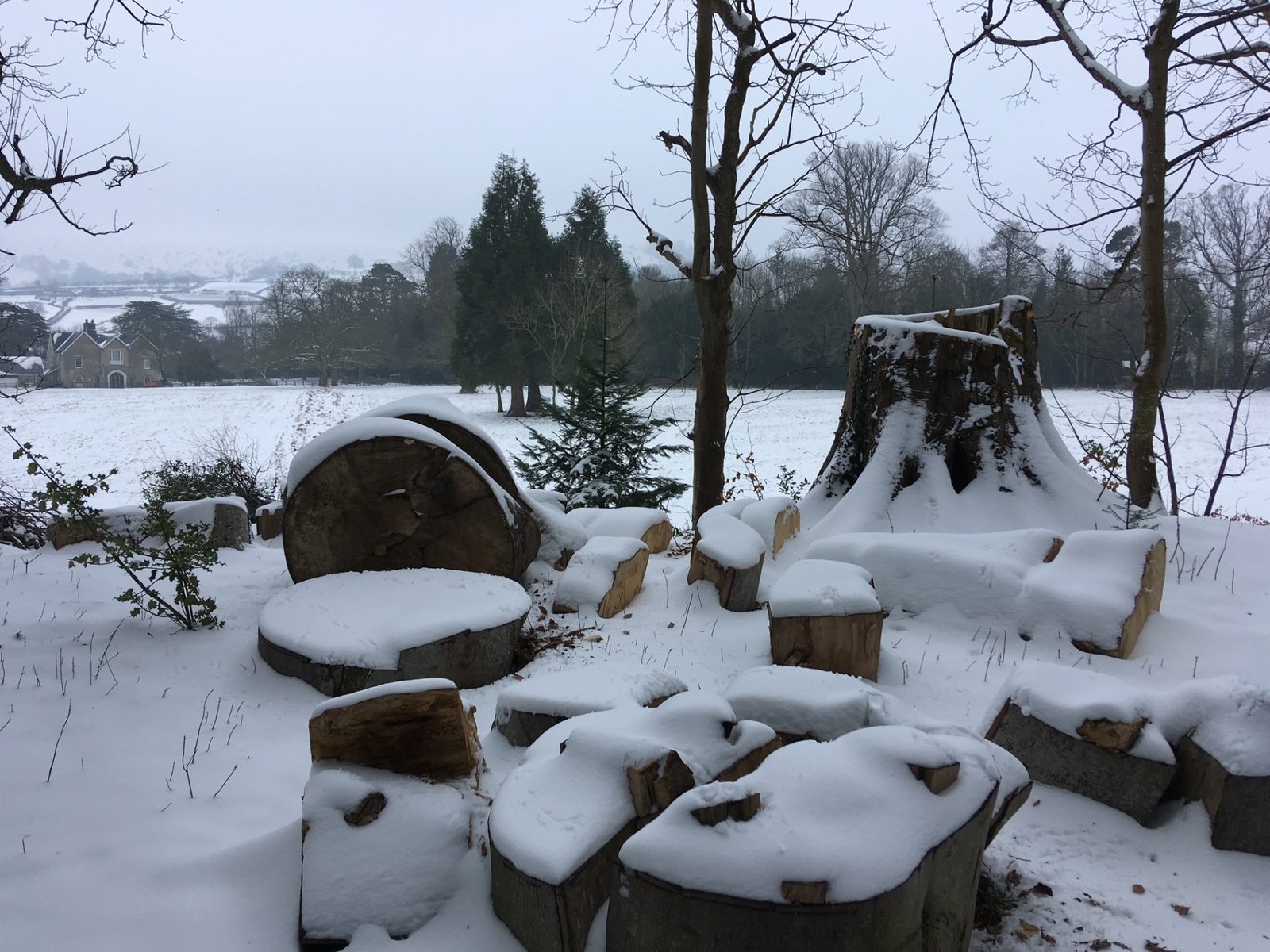 The log circle seating area in the Ty Mawr parkland blanketed in fresh snow with the Georgian house visible beyond